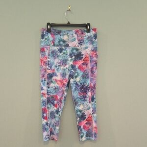 RBX Woman's Blue and Pink Floral Watercolor Leggings High Waist Stretch